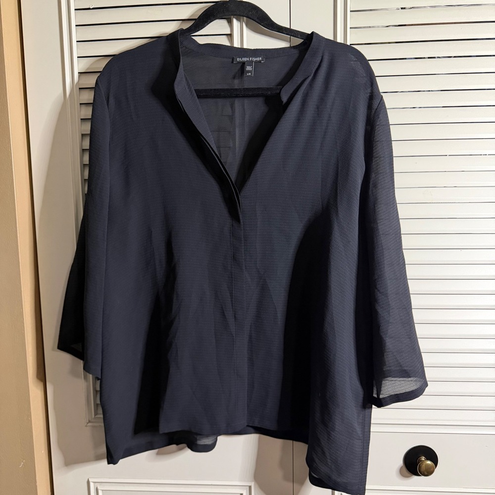 Eileen Fisher Black 100% Silk Mandarin Collar Ribbed V-Neck Blouse Top Large